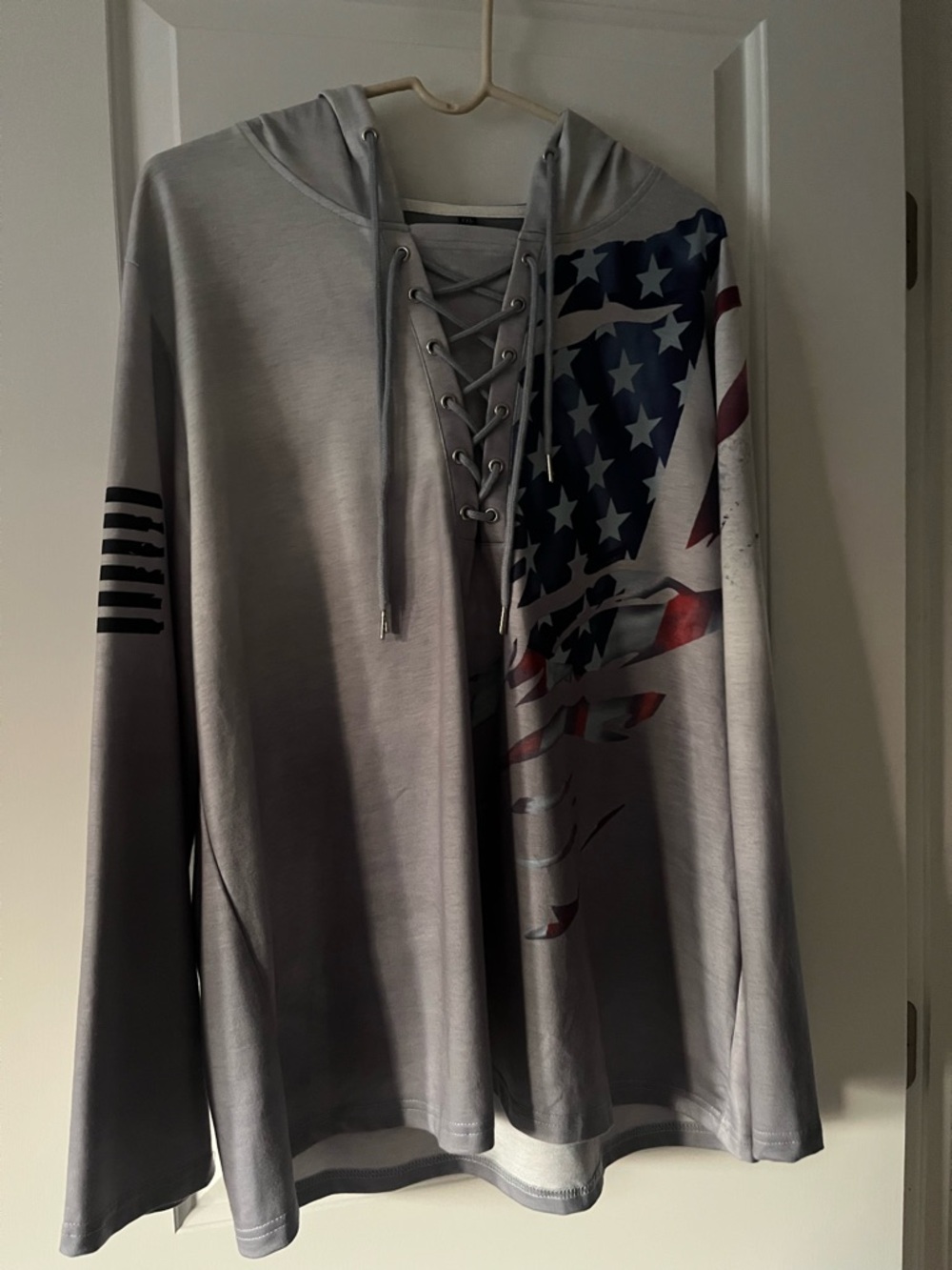Gray Lace-Up Hoodie with American Flag Graphic